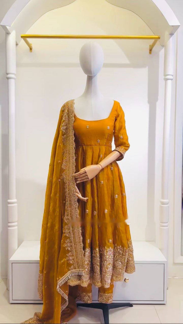 Elegant Haldi Wear Yellow Color Pure Zimmy Cho Silk With Heavy Embroidery Sequence Work Anarkali Suit