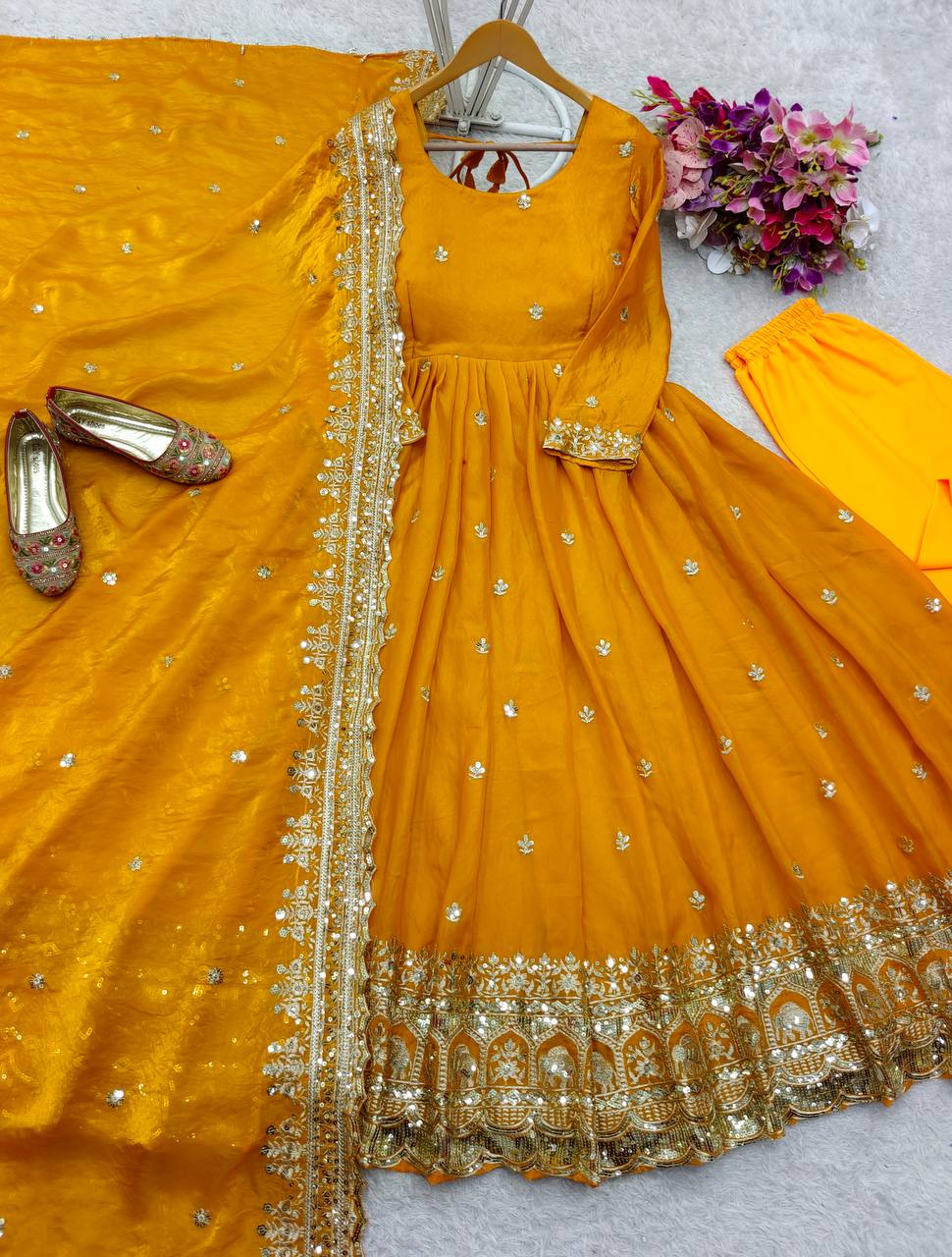 Elegant Haldi Wear Yellow Color Pure Zimmy Cho Silk With Heavy Embroidery Sequence Work Anarkali Suit