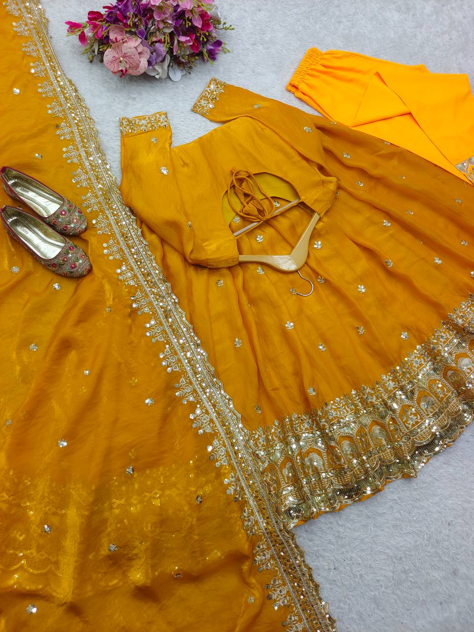 Elegant Haldi Wear Yellow Color Pure Zimmy Cho Silk With Heavy Embroidery Sequence Work Anarkali Suit