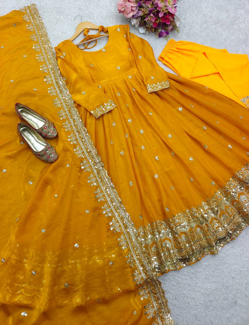 Elegant Haldi Wear Yellow Color Pure Zimmy Cho Silk With Heavy Embroidery Sequence Work Anarkali Suit