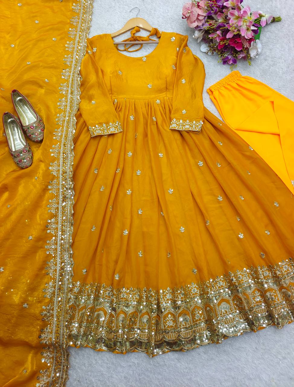 Elegant Haldi Wear Yellow Color Pure Zimmy Cho Silk With Heavy Embroidery Sequence Work Anarkali Suit