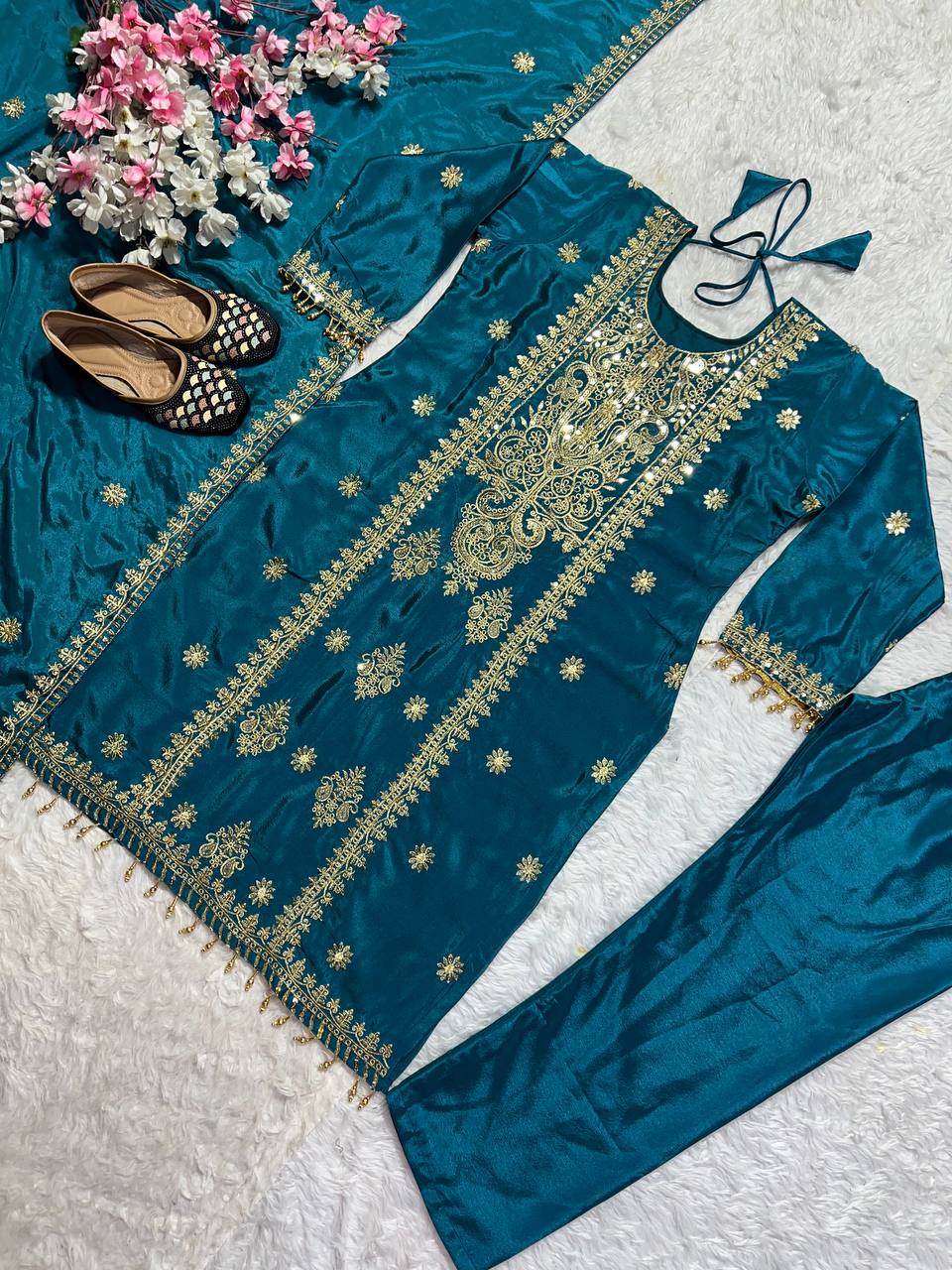 Eyes Catching Teal Color Pure Chinon Silk With Embroidery Sequence Work Salwar Suit