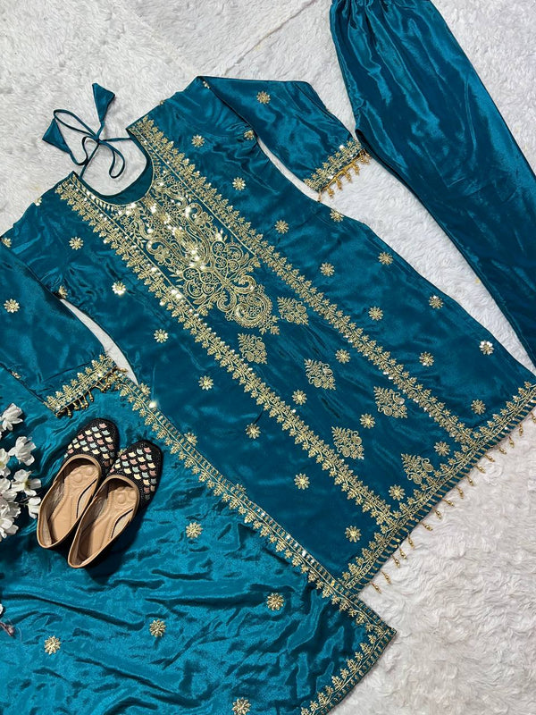 Eyes Catching Teal Color Pure Chinon Silk With Embroidery Sequence Work Salwar Suit