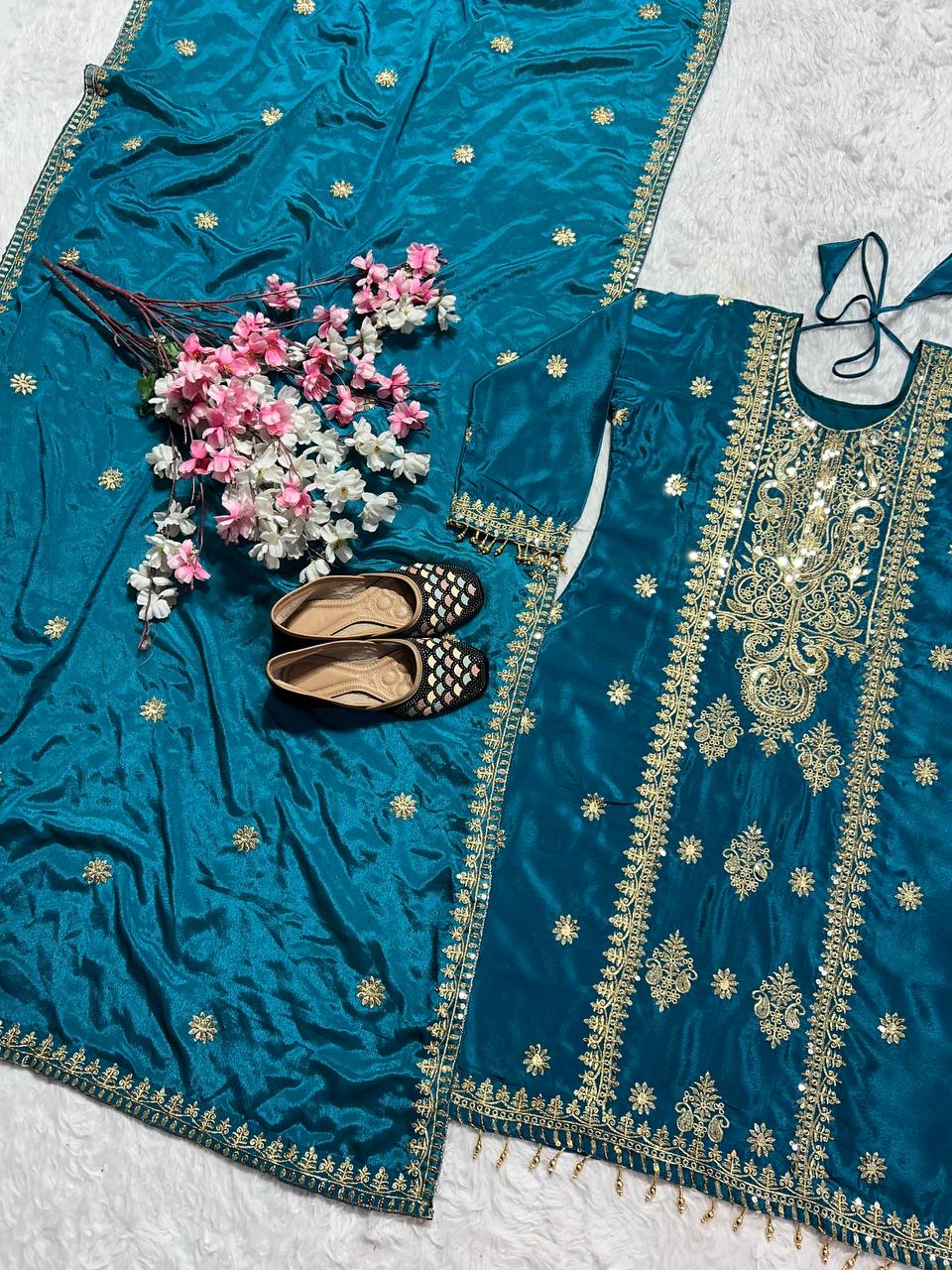 Eyes Catching Teal Color Pure Chinon Silk With Embroidery Sequence Work Salwar Suit