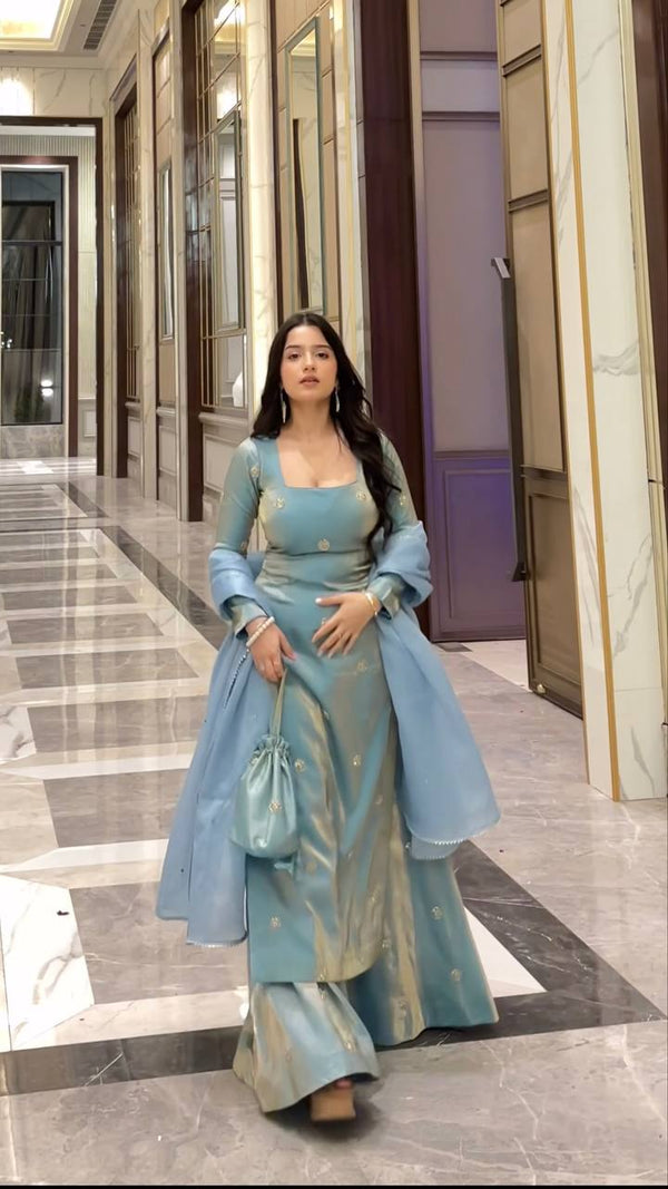 Wedding Wear Sky Blue Color Fandy Silk 3-Piece Palazzo Suit Set