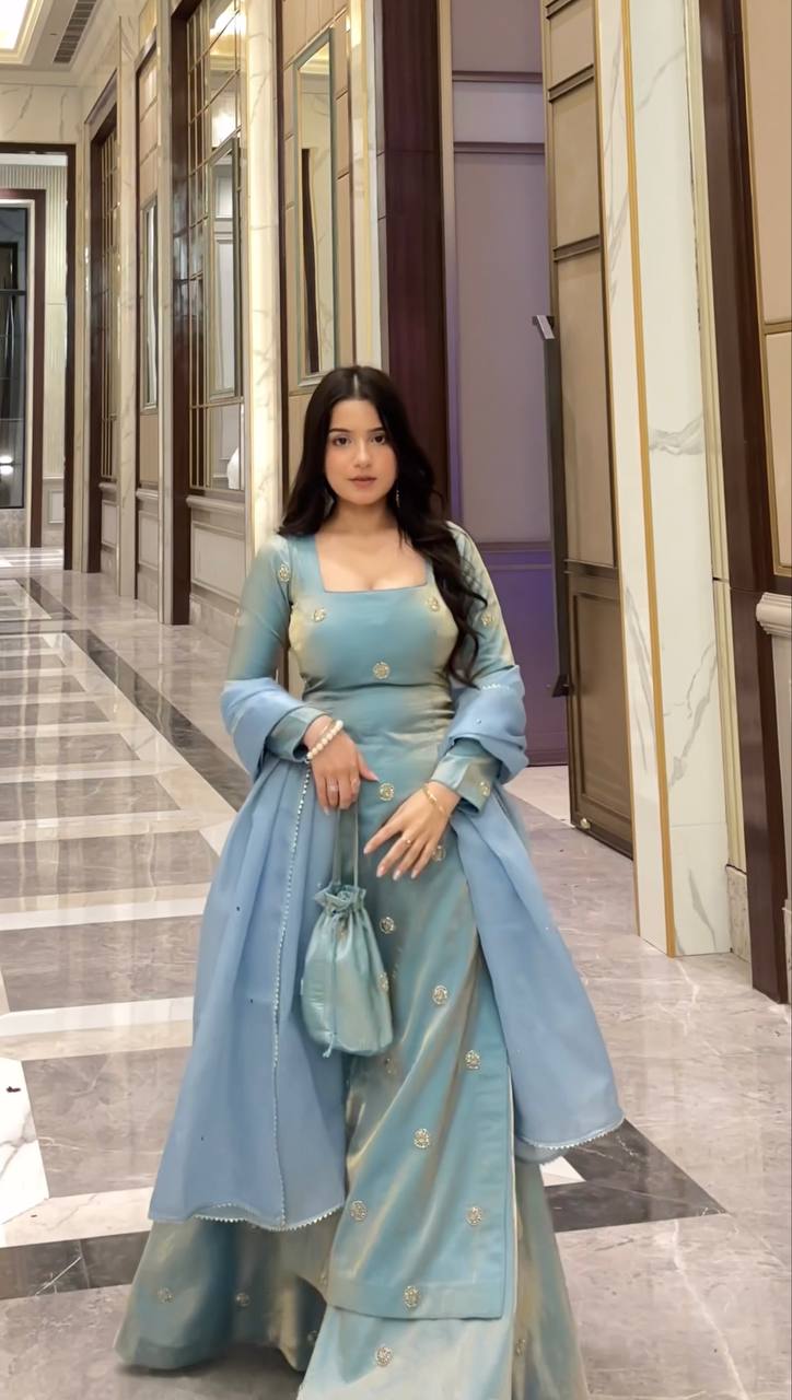 Wedding Wear Sky Blue Color Fandy Silk 3-Piece Palazzo Suit Set