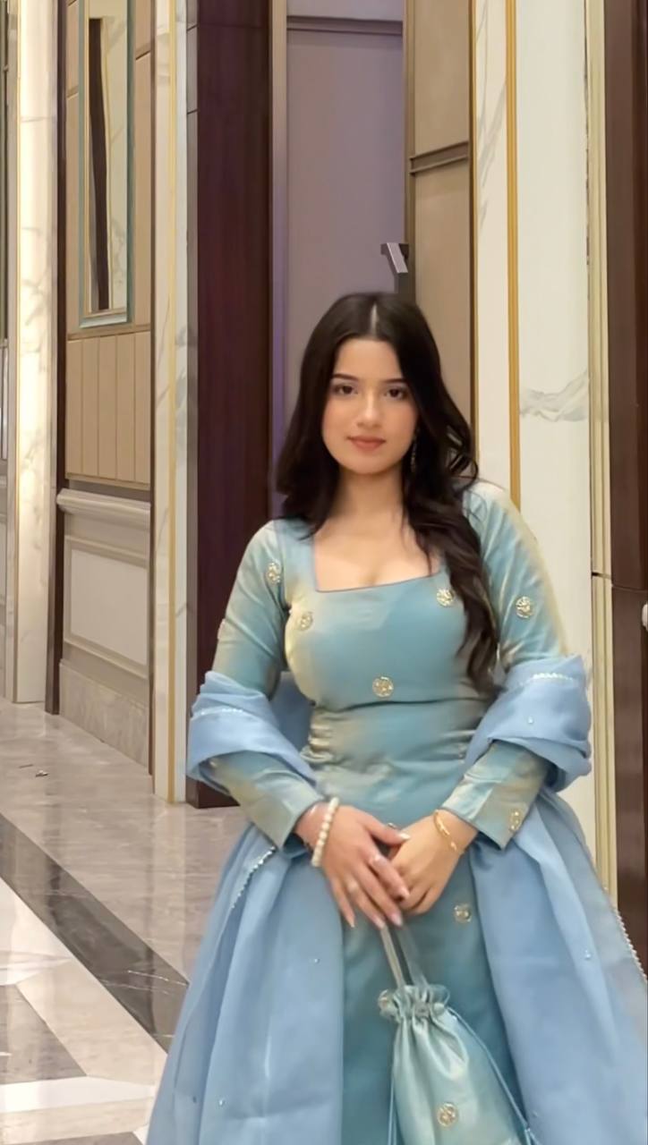 Wedding Wear Sky Blue Color Fandy Silk 3-Piece Palazzo Suit Set