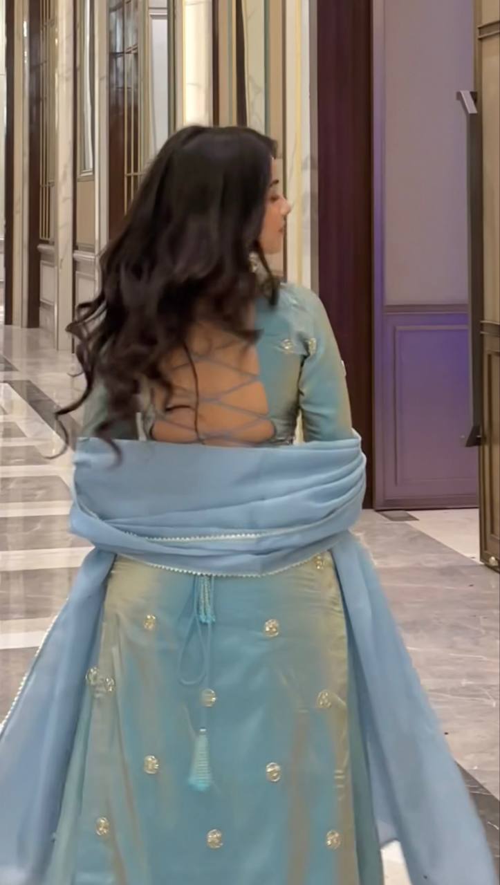 Wedding Wear Sky Blue Color Fandy Silk 3-Piece Palazzo Suit Set