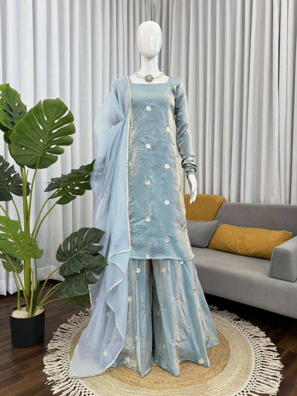 Wedding Wear Sky Blue Color Fandy Silk 3-Piece Palazzo Suit Set