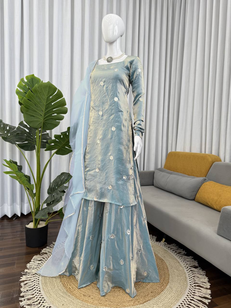 Wedding Wear Sky Blue Color Fandy Silk 3-Piece Palazzo Suit Set