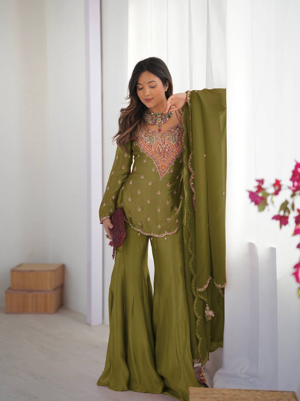 Wedding Wear Mehendi Color Embroidery Work Designer Palazzo Suit