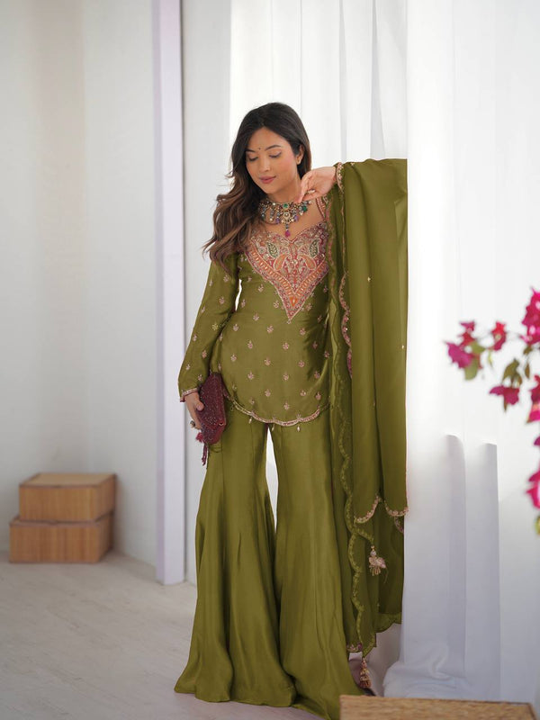 Wedding Wear Mehendi Color Embroidery Work Designer Palazzo Suit