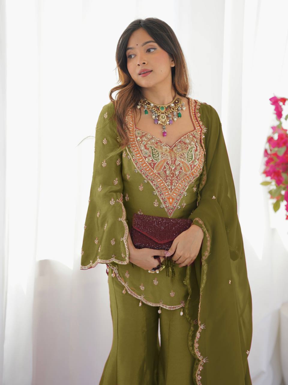 Wedding Wear Mehendi Color Embroidery Work Designer Palazzo Suit