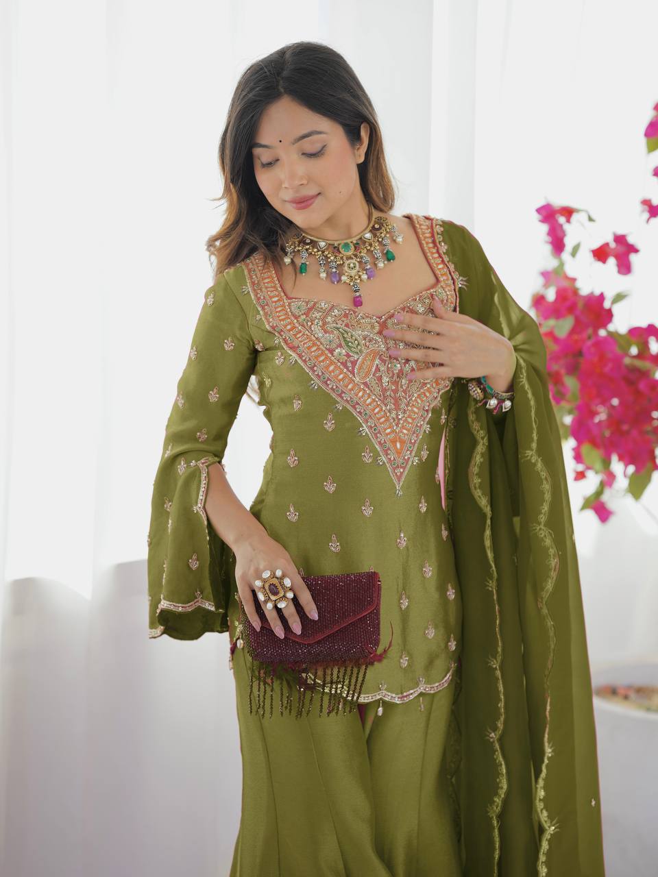 Wedding Wear Mehendi Color Embroidery Work Designer Palazzo Suit