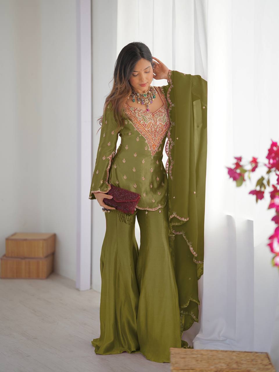 Wedding Wear Mehendi Color Embroidery Work Designer Palazzo Suit