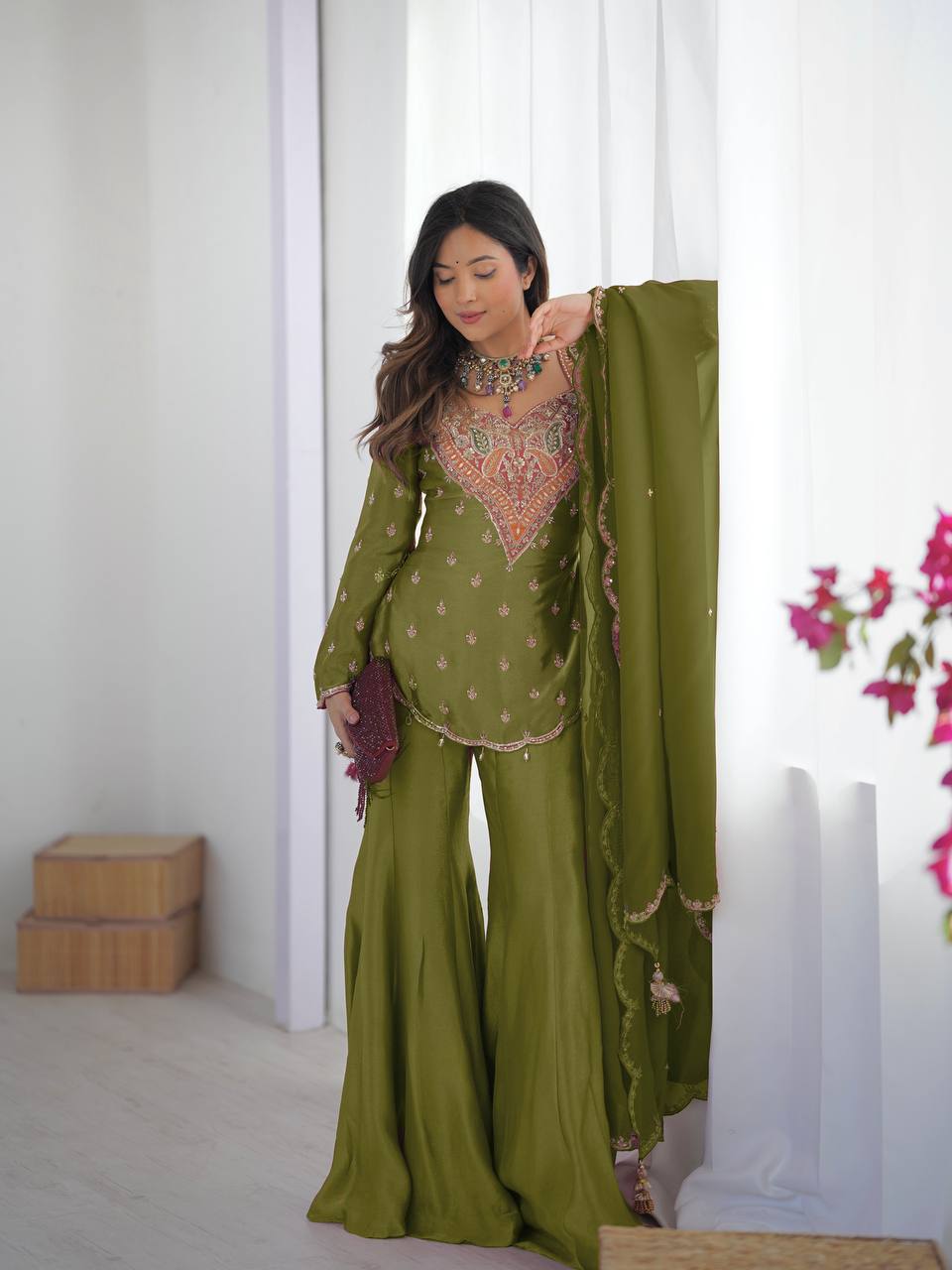 Wedding Wear Mehendi Color Embroidery Work Designer Palazzo Suit