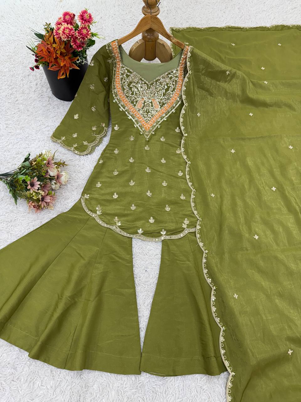 Wedding Wear Mehendi Color Embroidery Work Designer Palazzo Suit