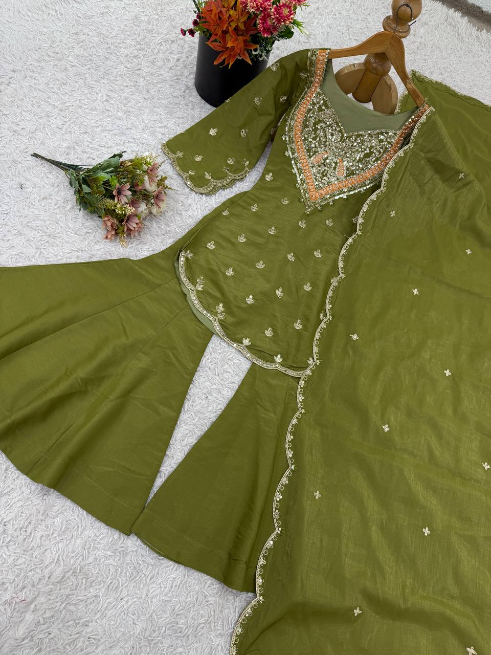 Wedding Wear Mehendi Color Embroidery Work Designer Palazzo Suit