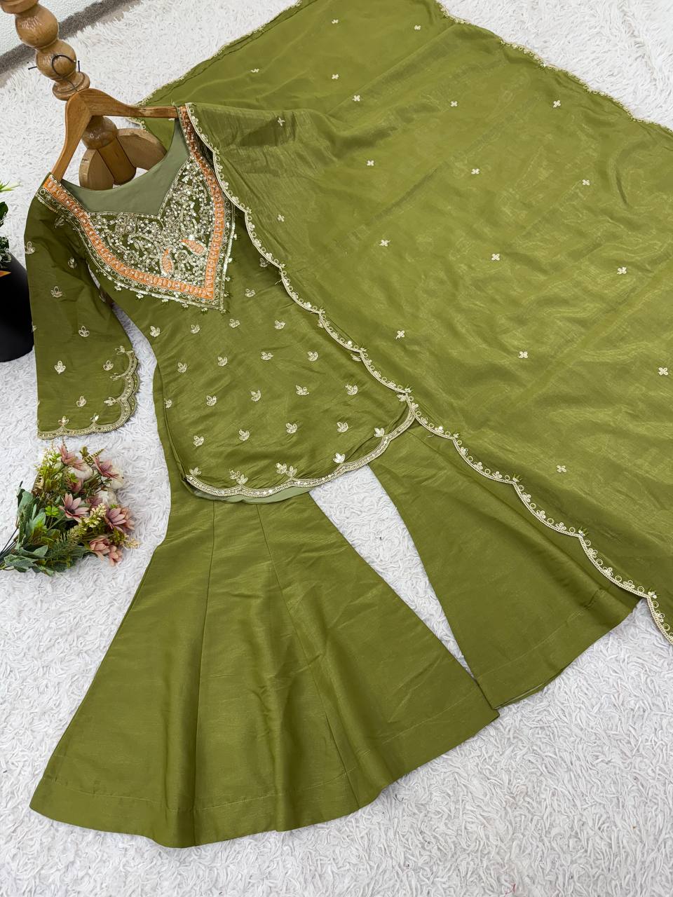 Wedding Wear Mehendi Color Embroidery Work Designer Palazzo Suit