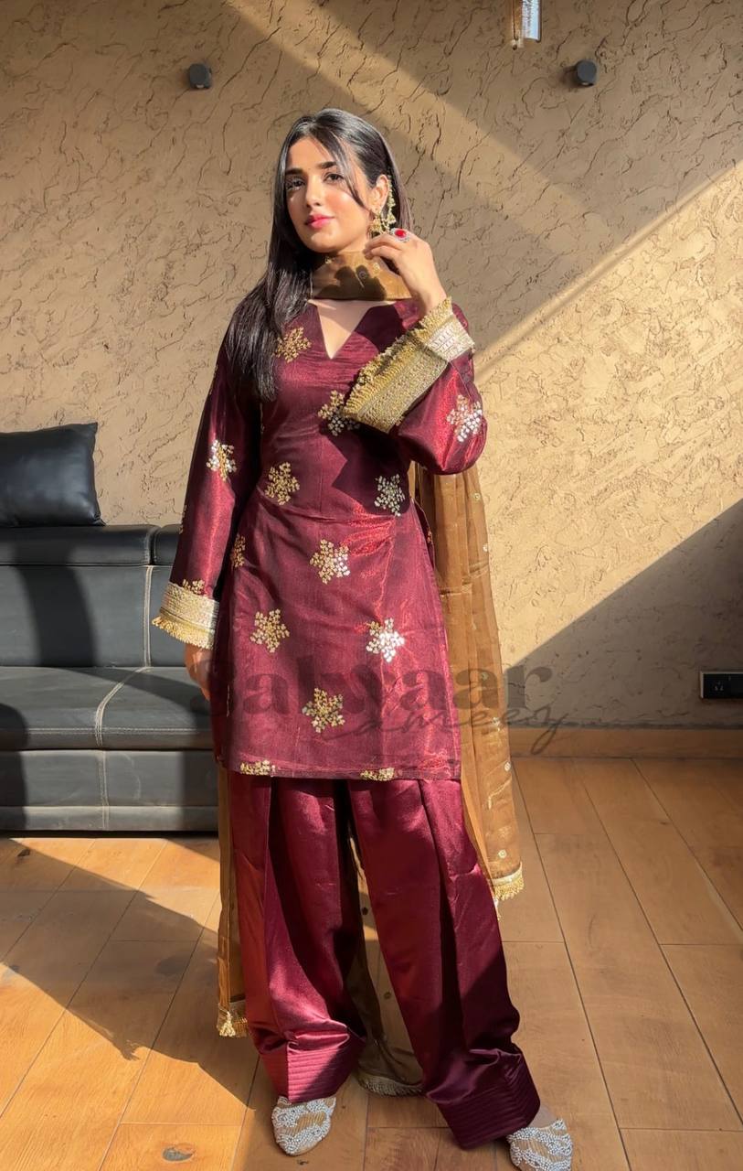 Party Wear Maroon Color Natural Crepe Silk Beautiful Patiyala Salwar Suit