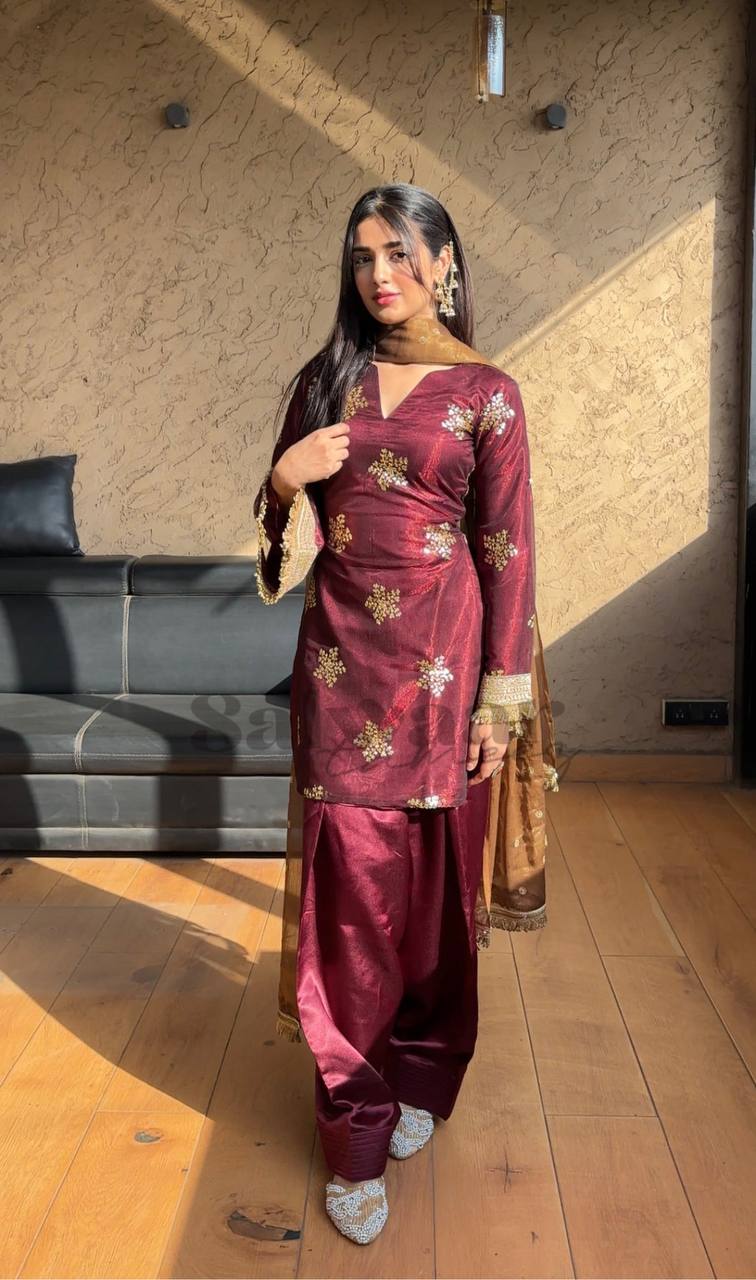 Party Wear Maroon Color Natural Crepe Silk Beautiful Patiyala Salwar Suit