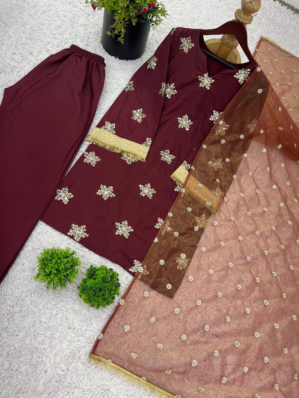 Party Wear Maroon Color Natural Crepe Silk Beautiful Patiyala Salwar Suit