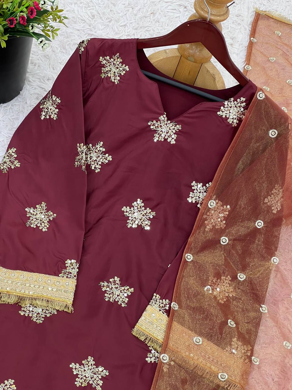 Party Wear Maroon Color Natural Crepe Silk Beautiful Patiyala Salwar Suit