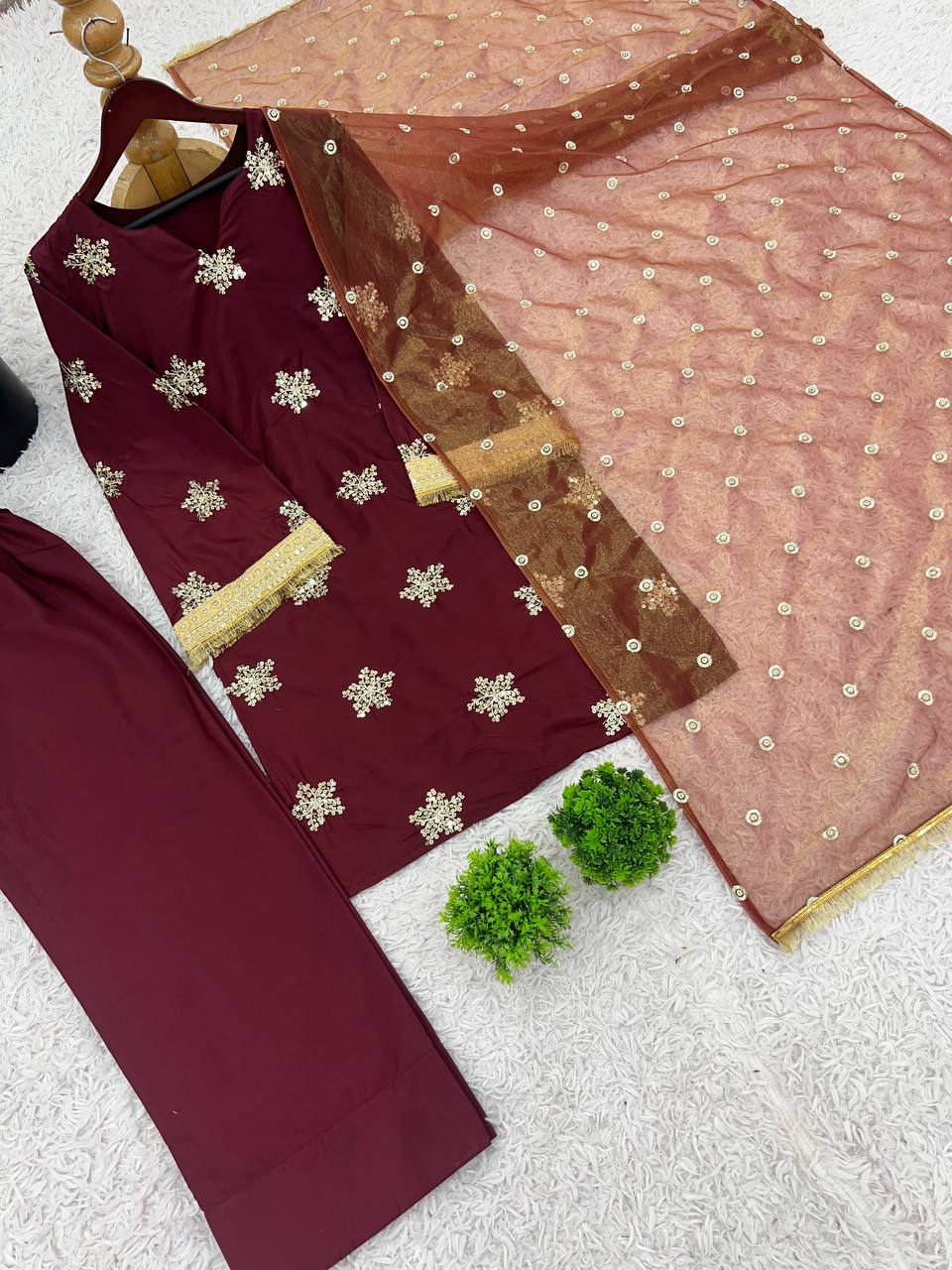 Party Wear Maroon Color Natural Crepe Silk Beautiful Patiyala Salwar Suit