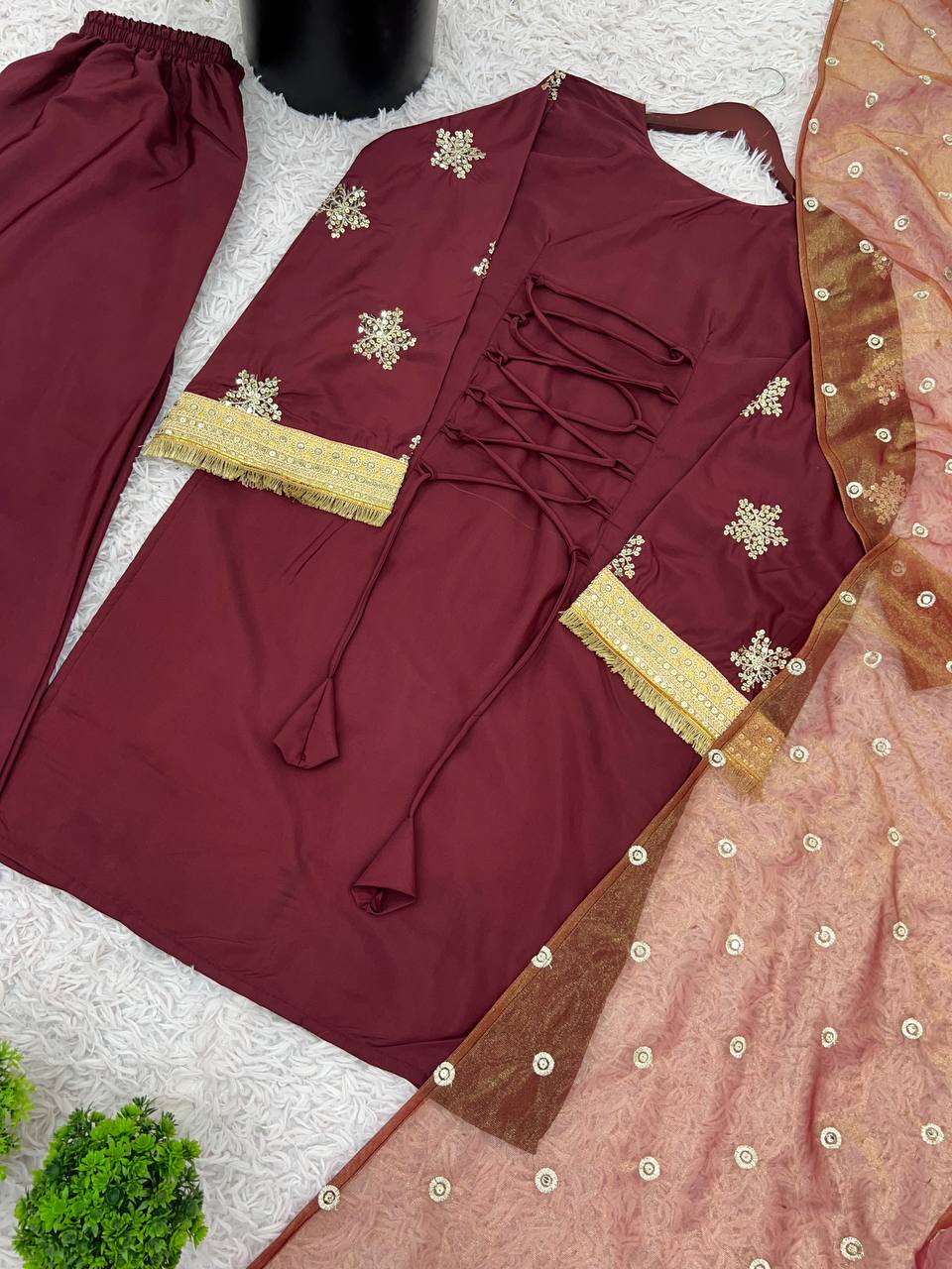 Party Wear Maroon Color Natural Crepe Silk Beautiful Patiyala Salwar Suit