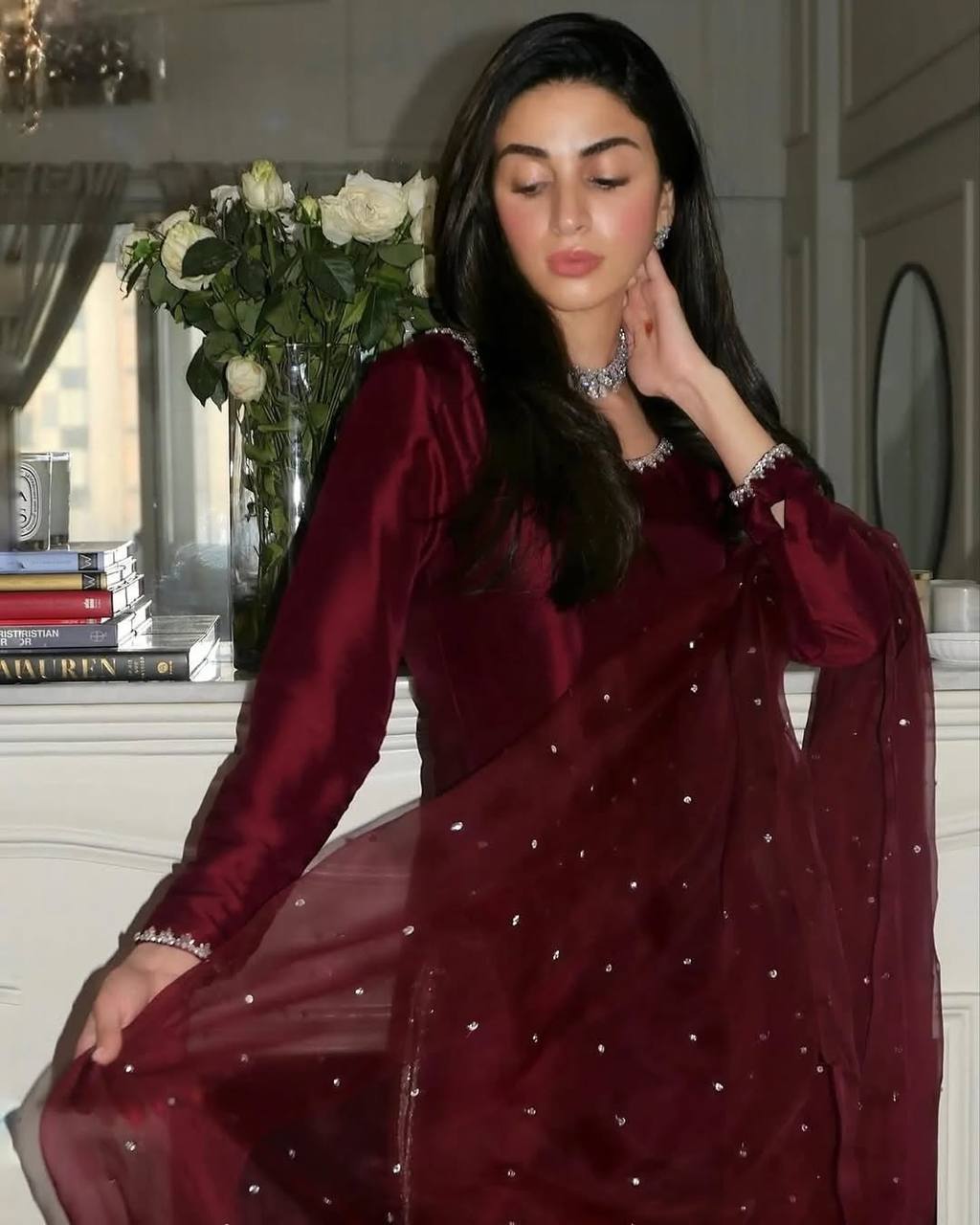 Elegant Maroon Color Pure jimmy choo Silk With Embroidery Sequence Work Kurta Set
