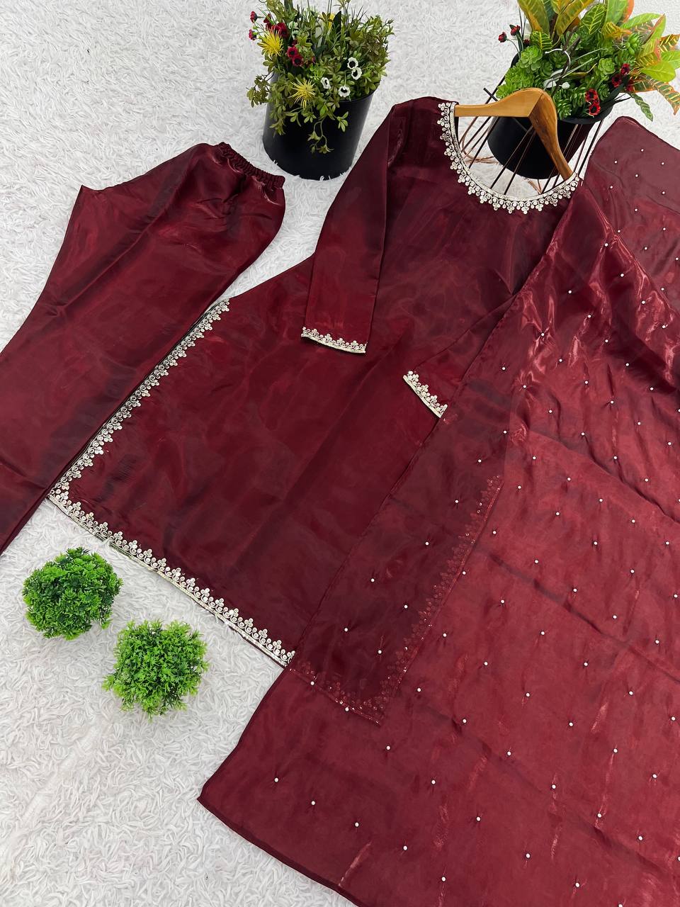 Elegant Maroon Color Pure jimmy choo Silk With Embroidery Sequence Work Kurta Set