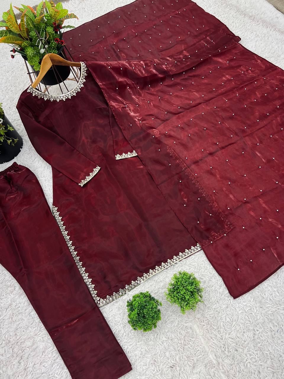 Elegant Maroon Color Pure jimmy choo Silk With Embroidery Sequence Work Kurta Set