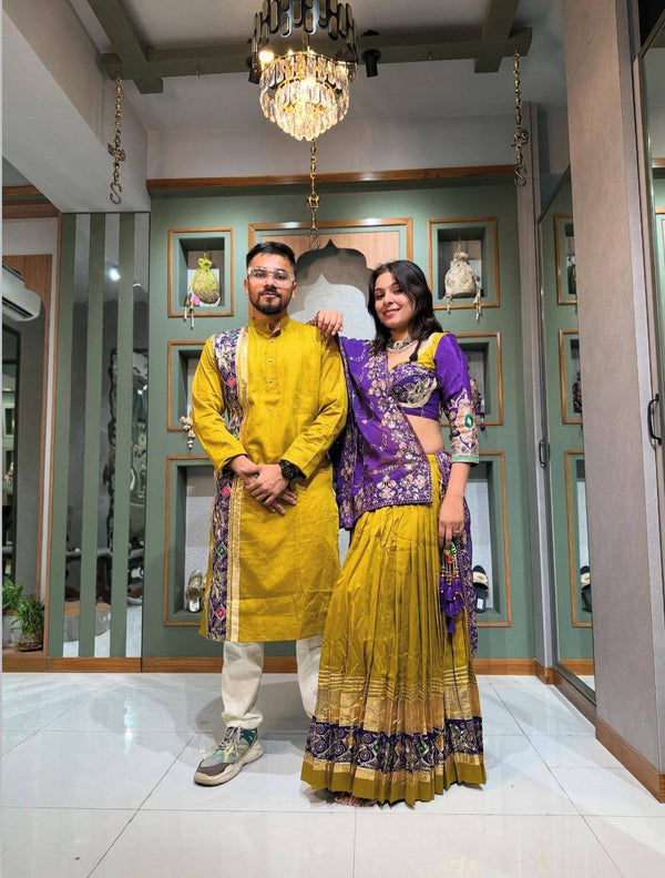 Couple Twinning Mustard Color Cotton Embroidered Navratril Couple Wear Set