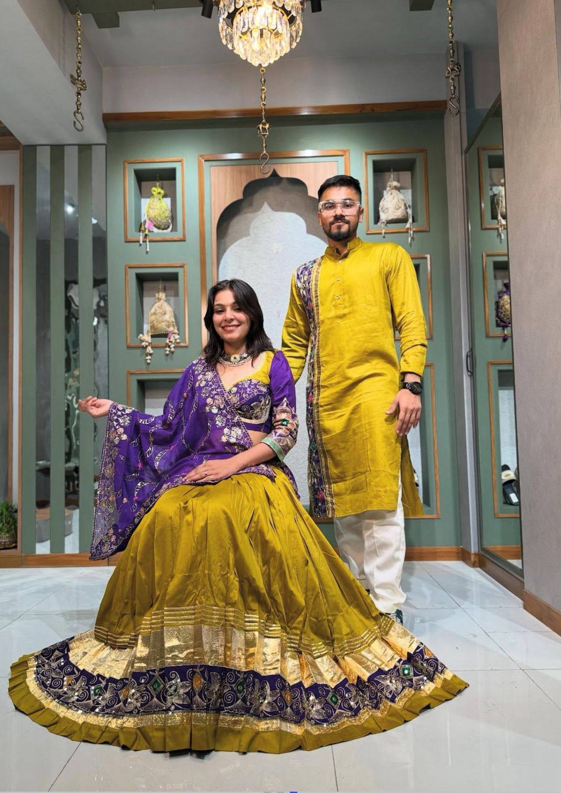 Couple Twinning Mustard Color Cotton Embroidered Navratril Couple Wear Set