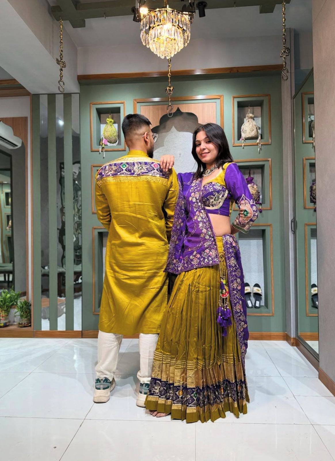 Couple Twinning Mustard Color Cotton Embroidered Navratril Couple Wear Set