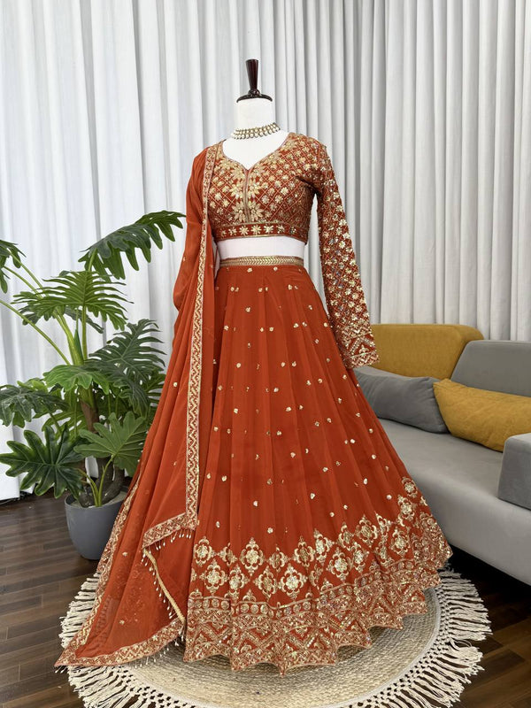 Wedding Wear Orange Color Faux Georgette Lehenga Choli Set