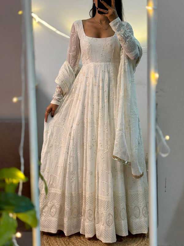 Wedding Wear White Color Embroidered Designer Anarkali Suit