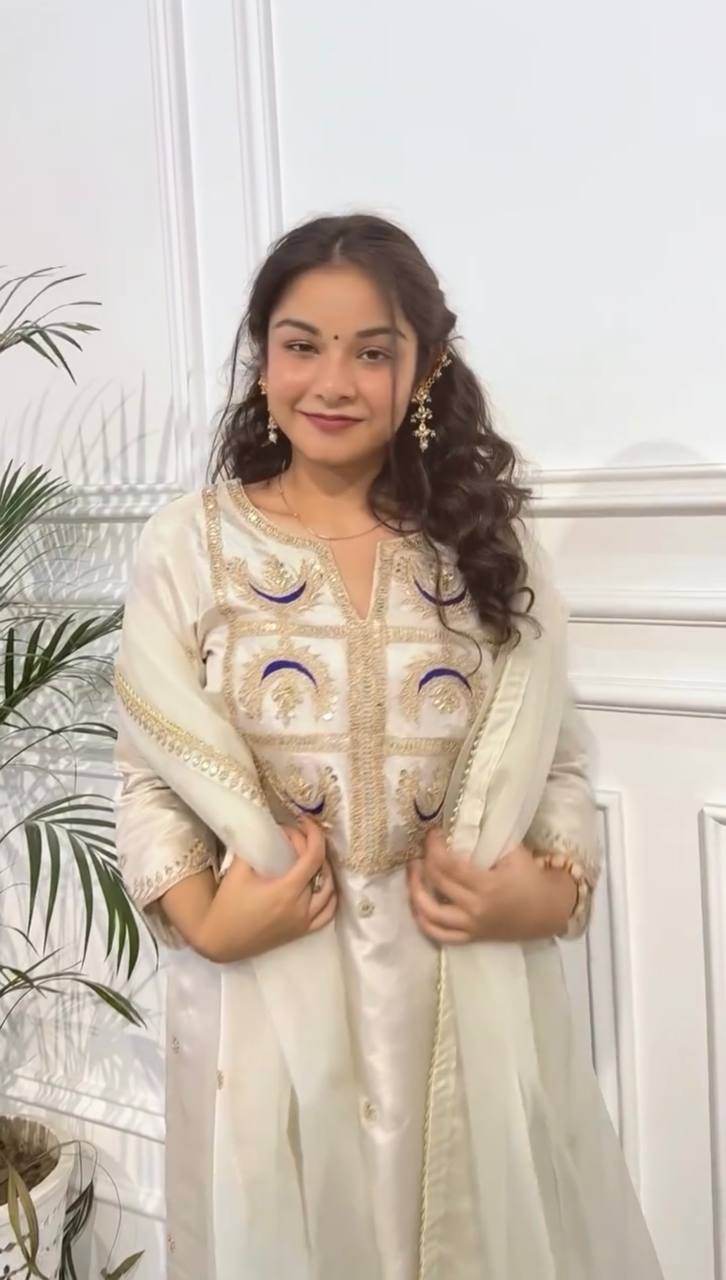 Preferable Off White Color Vichitra Silk With Heavy Coding Embroidery Sequence Work Salwar Suit