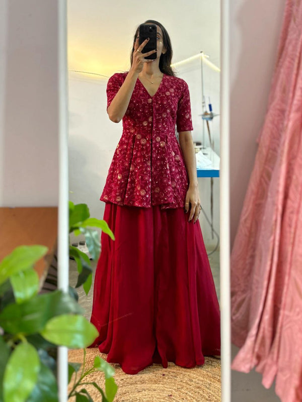 Rose Pink Color Blazer Style Embroidery Sequins Work Top Of Georgette Fully Stitched Palazzo Suit