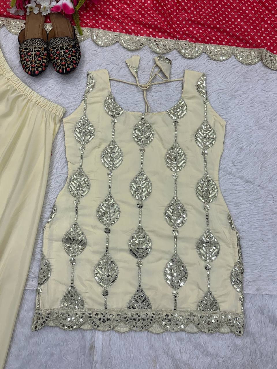 Superhit Cream Color Natural Crepe Silk Embroidery Coding Sequence Work Palazzo Suit