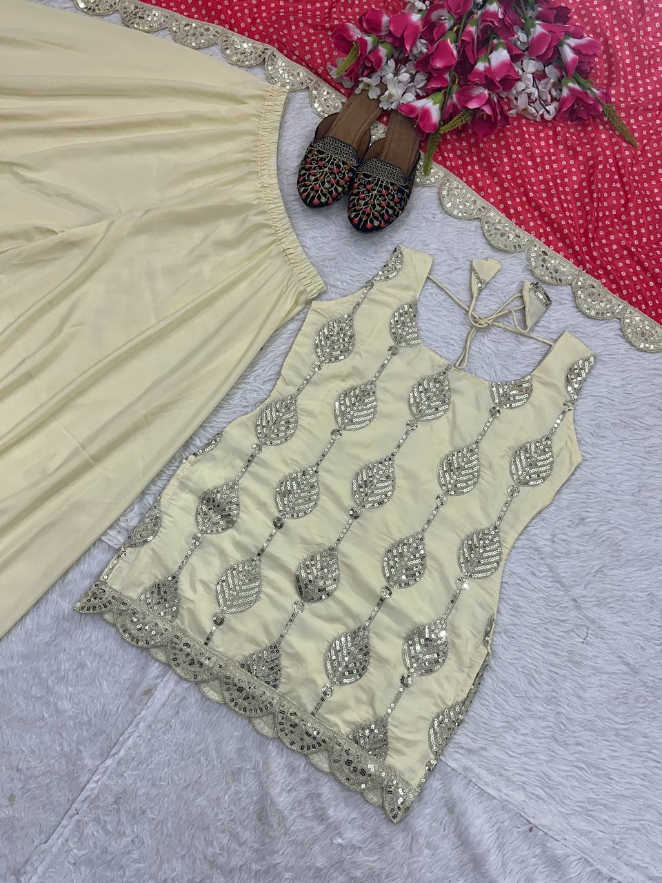 Superhit Cream Color Natural Crepe Silk Embroidery Coding Sequence Work Palazzo Suit