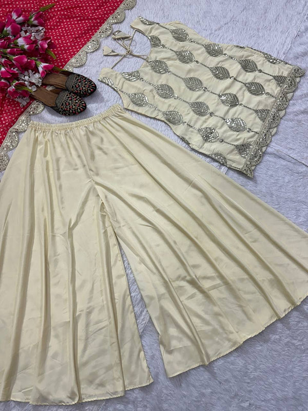 Superhit Cream Color Natural Crepe Silk Embroidery Coding Sequence Work Palazzo Suit