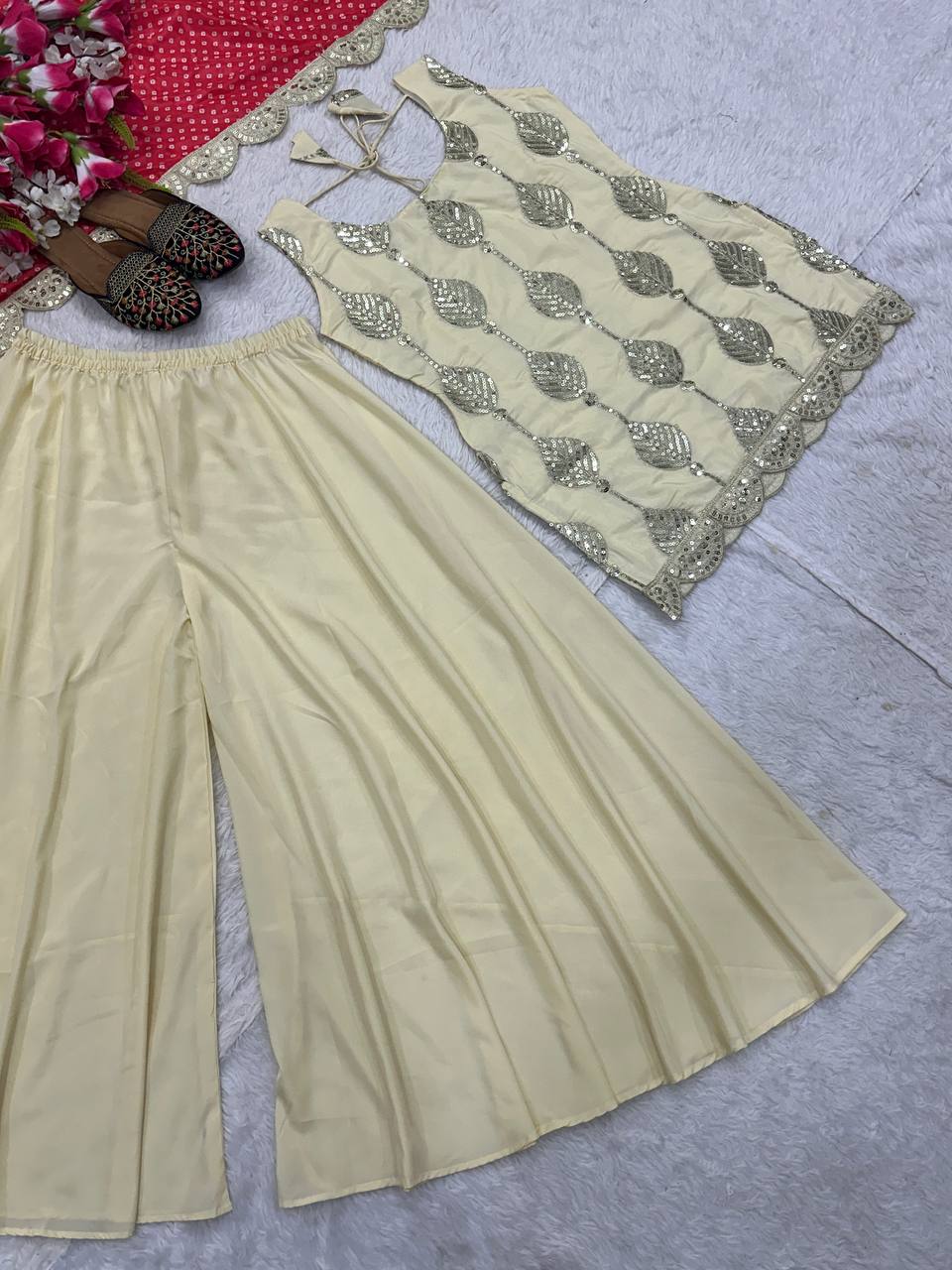 Superhit Cream Color Natural Crepe Silk Embroidery Coding Sequence Work Palazzo Suit