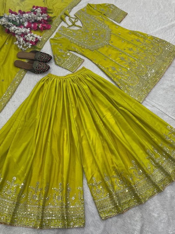 Fantastic Lemon Heavy Chinon Silk With Embroidery Sequence Coding Work Sharara Suit