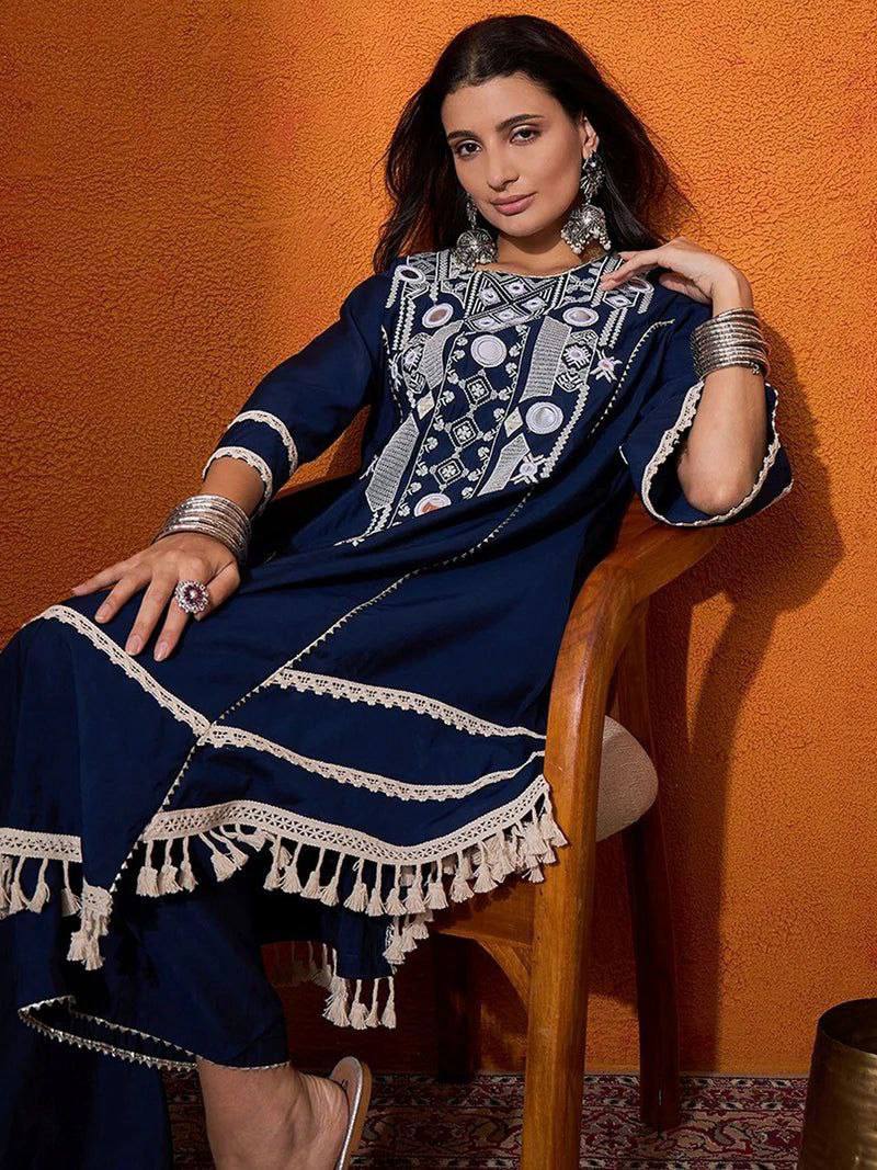 Navy Blue Color Pure Cotton Designer CO-Ord Set