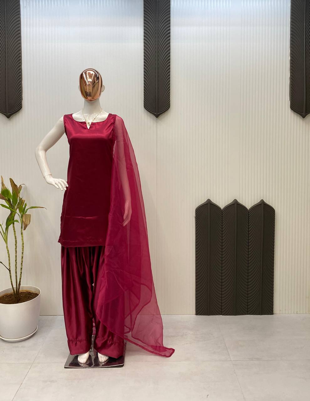 Beautiful Wine Color Moss Satin Designer Salwar Suit