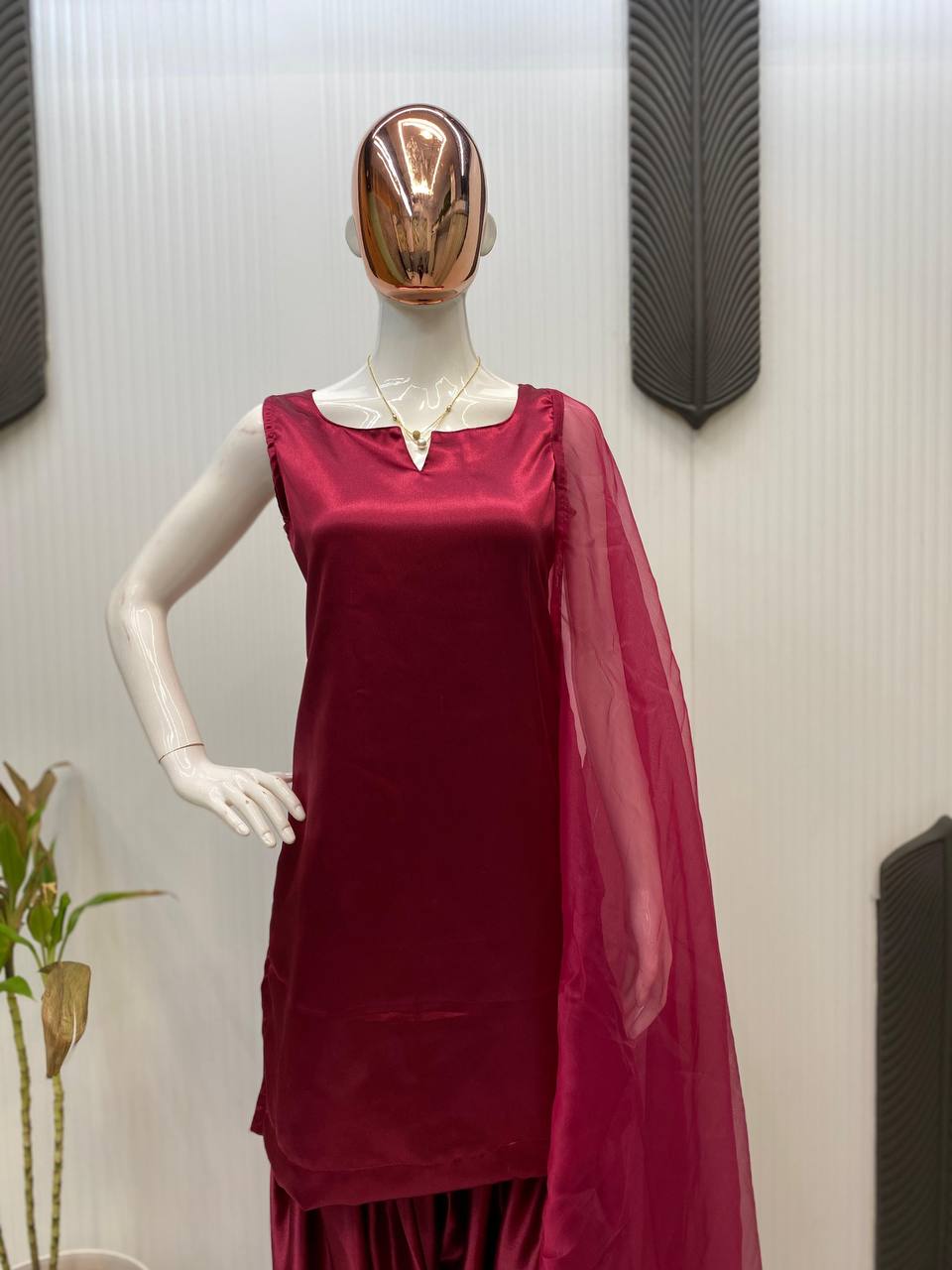 Beautiful Wine Color Moss Satin Designer Salwar Suit