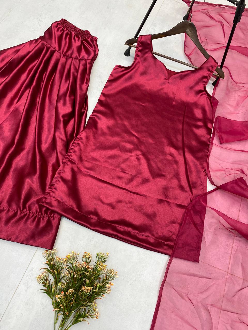 Beautiful Wine Color Moss Satin Designer Salwar Suit