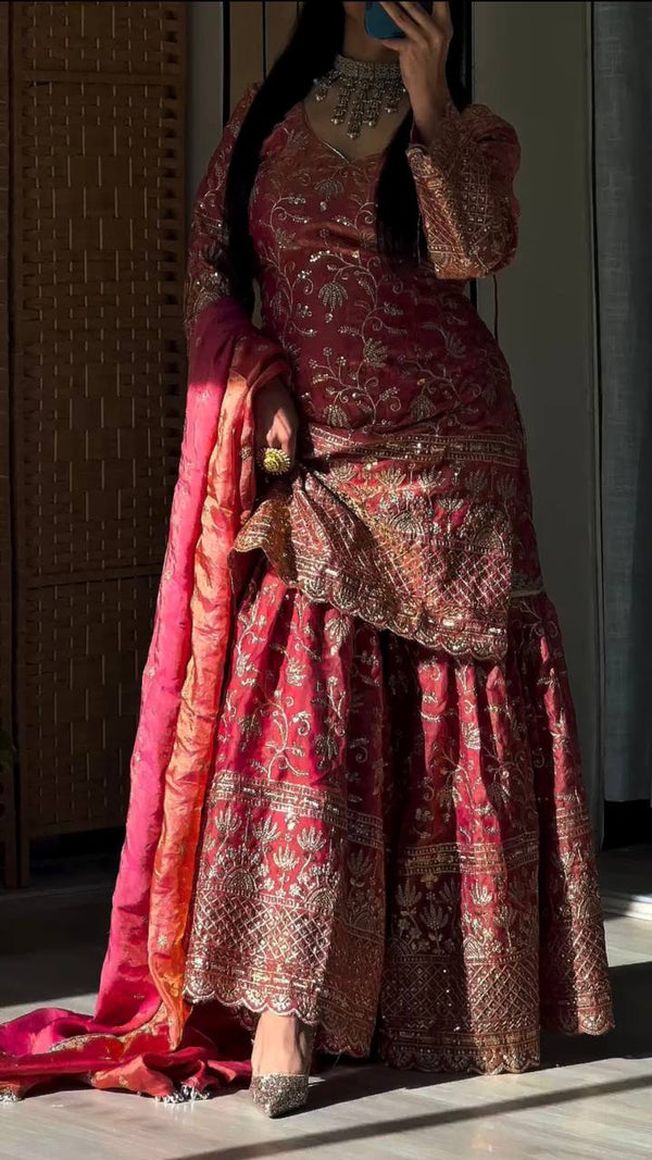 Gorgeous Peach Color Embroidered Designer Sharara Suit