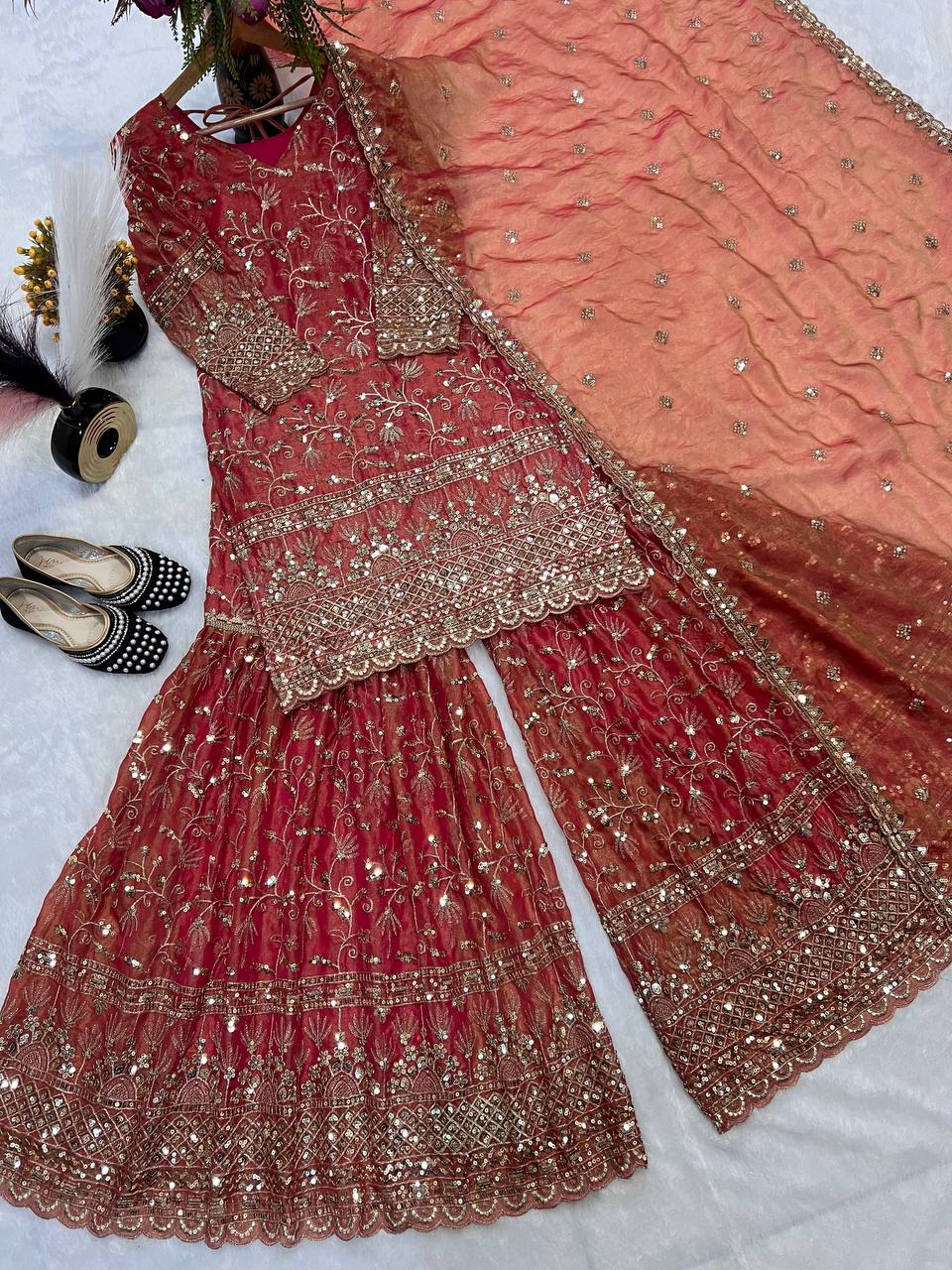 Gorgeous Peach Color Embroidered Designer Sharara Suit